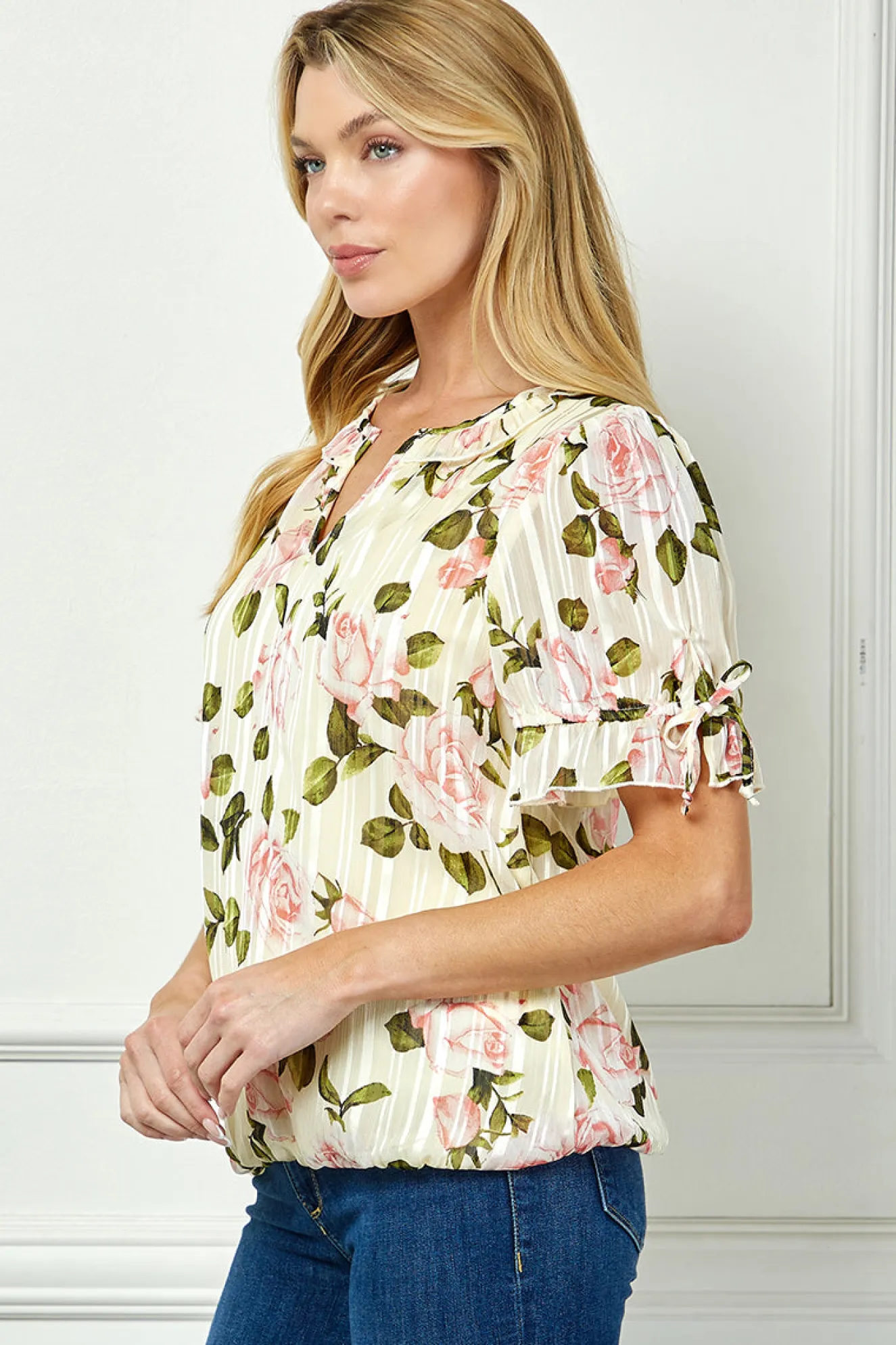 Ruffle Tie Sleeve V-Neck Bubble Blouse in Yellow