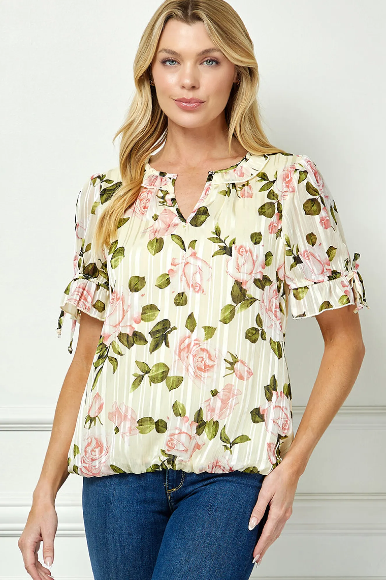 Ruffle Tie Sleeve V-Neck Bubble Blouse in Yellow