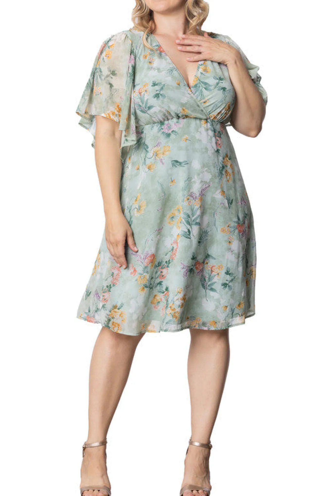 Sage Floral Print Florence Flutter Sleeve Dress - Plus