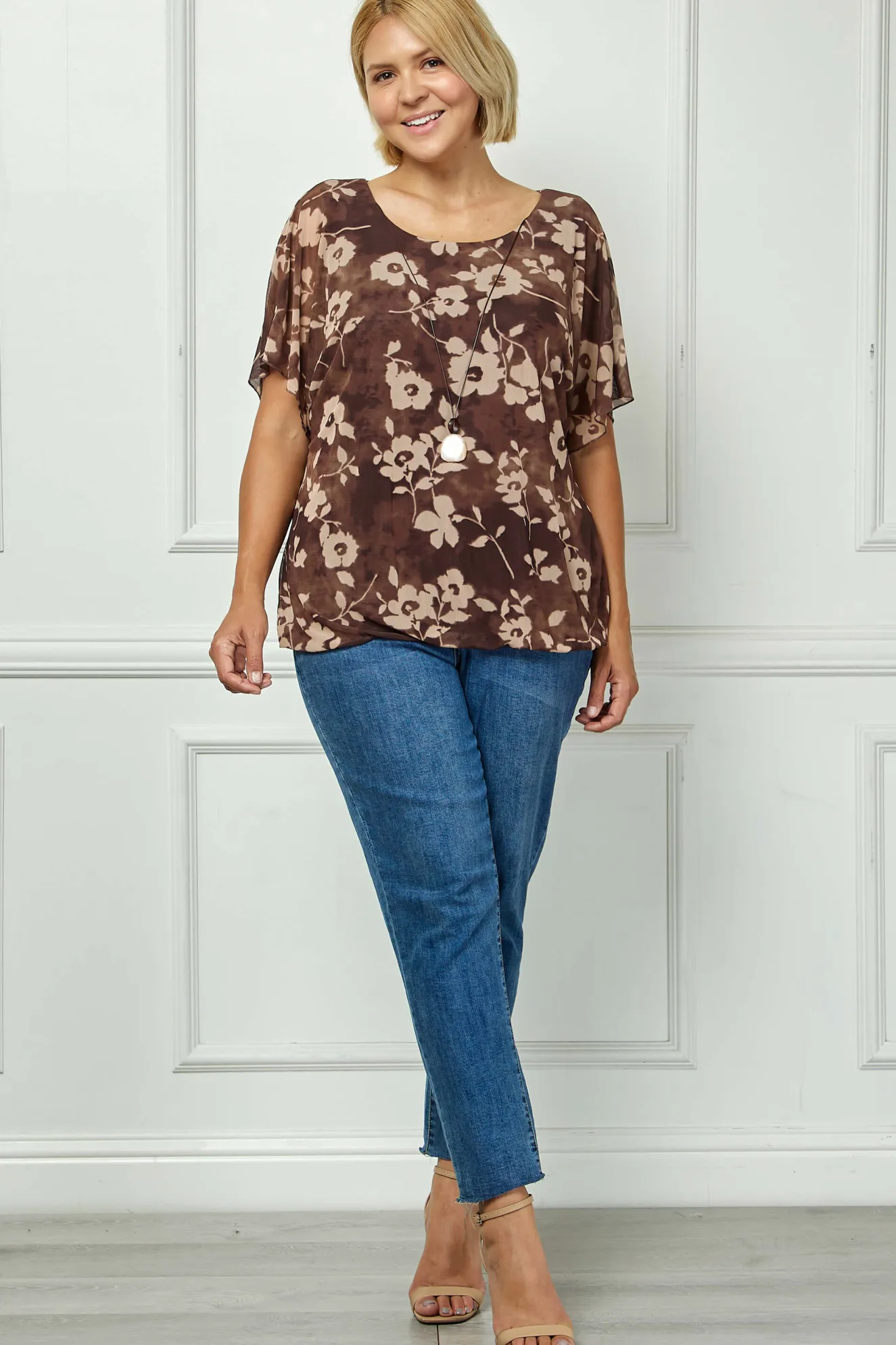 Scoop Neck Bubble Blouse with Necklace in Brown/Mocha/Tan - Plus