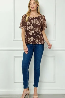 Scoop Neck Bubble Blouse with Necklace in Brown/Mocha/Tan