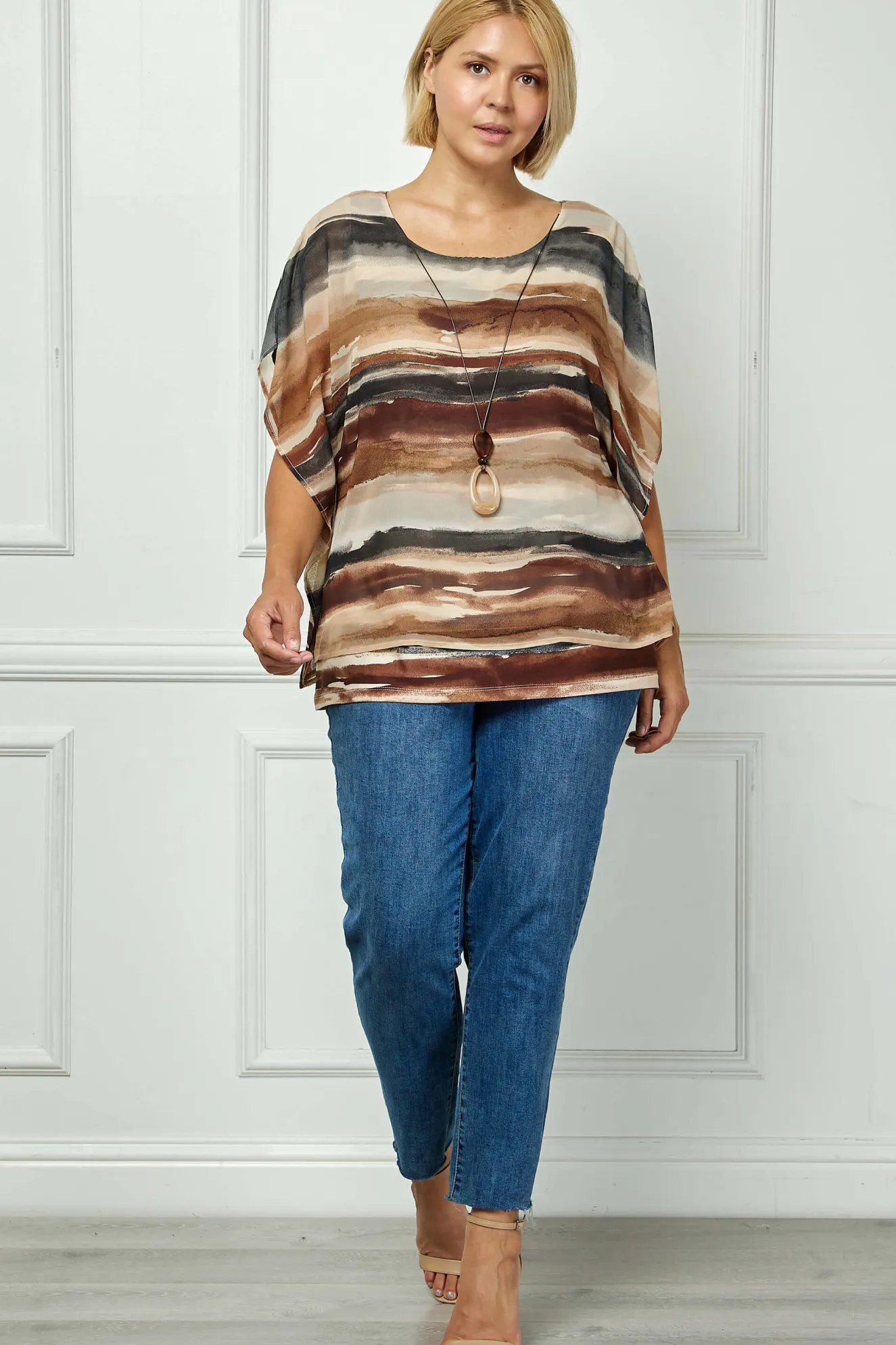 Scoop Neck Poncho with Necklace in Brown/Tan/Black - Plus