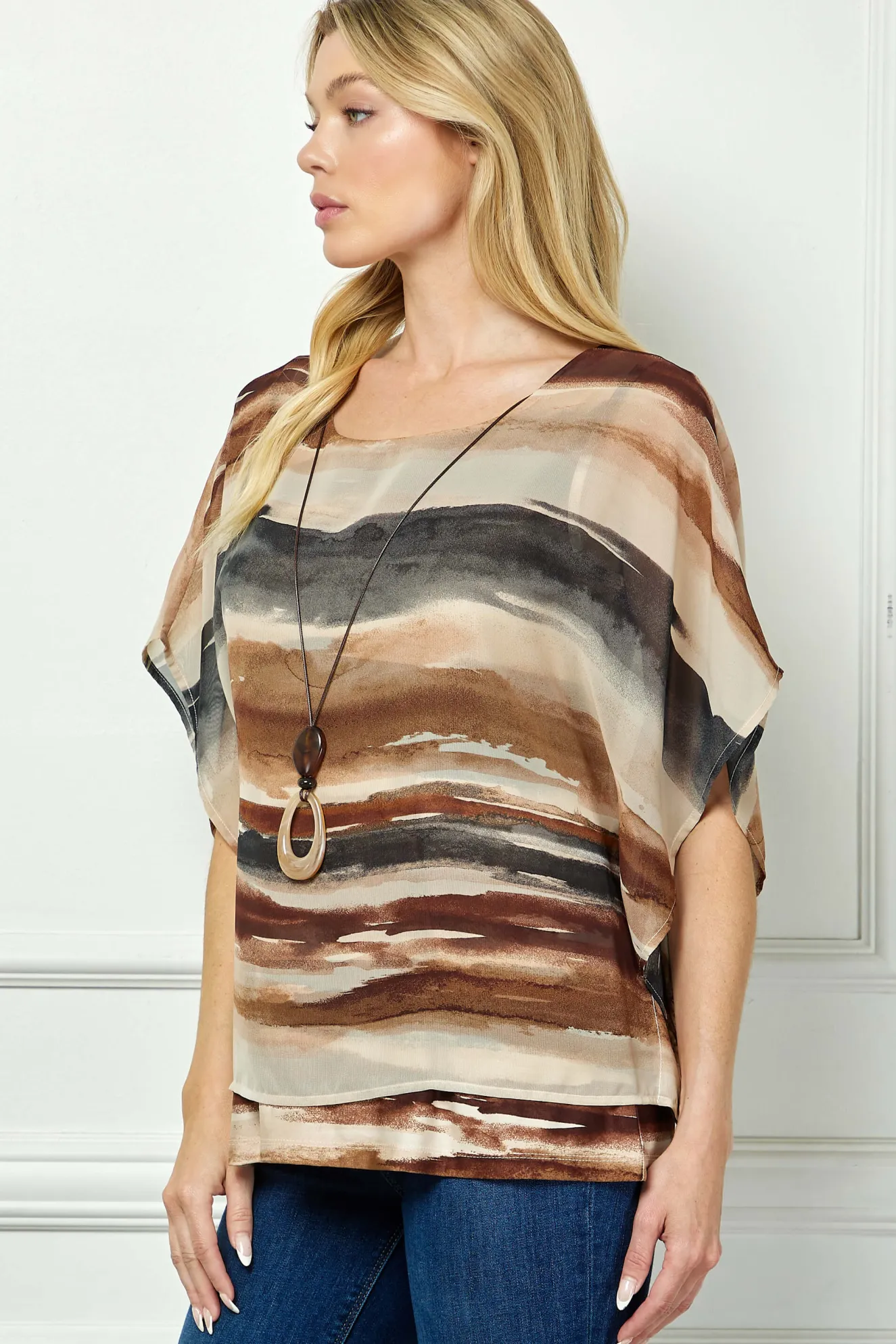Scoop Neck Poncho with Necklace in Brown/Tan/Black