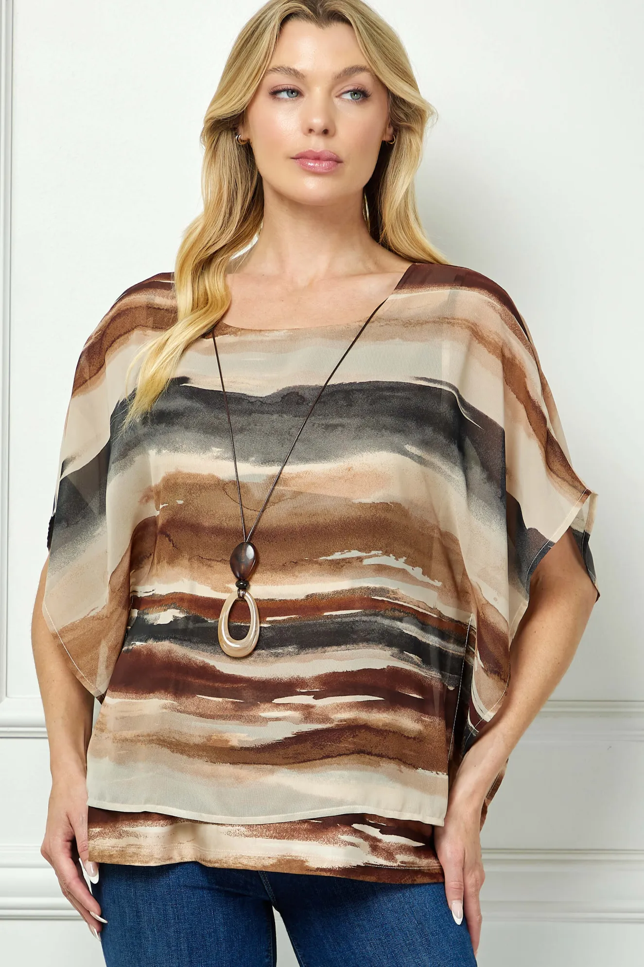 Scoop Neck Poncho with Necklace in Brown/Tan/Black