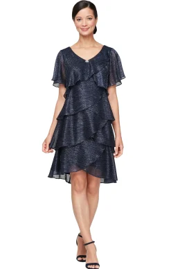 Shimmer Bodre Chiffon Tiered Cocktail Dress - Navy - Petite
