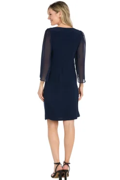 Short Jersey Dress with Tulip Chiffon Sleeve - Navy