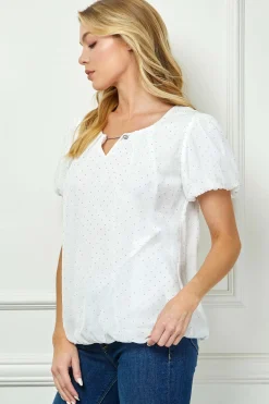 Short Puff Sleeve Cutout Neck Bubble Blouse in White