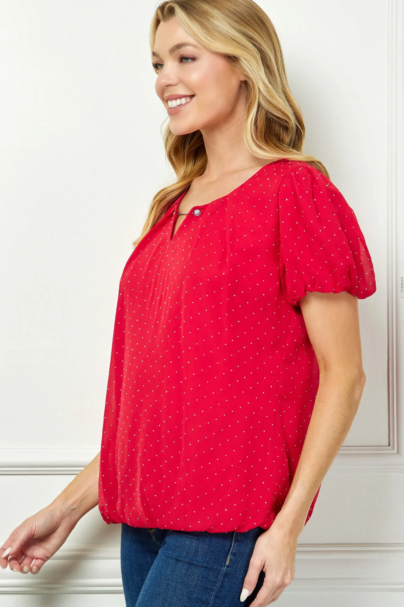 Short Puff Sleeve Cutout Neck Bubble Blouse in Red