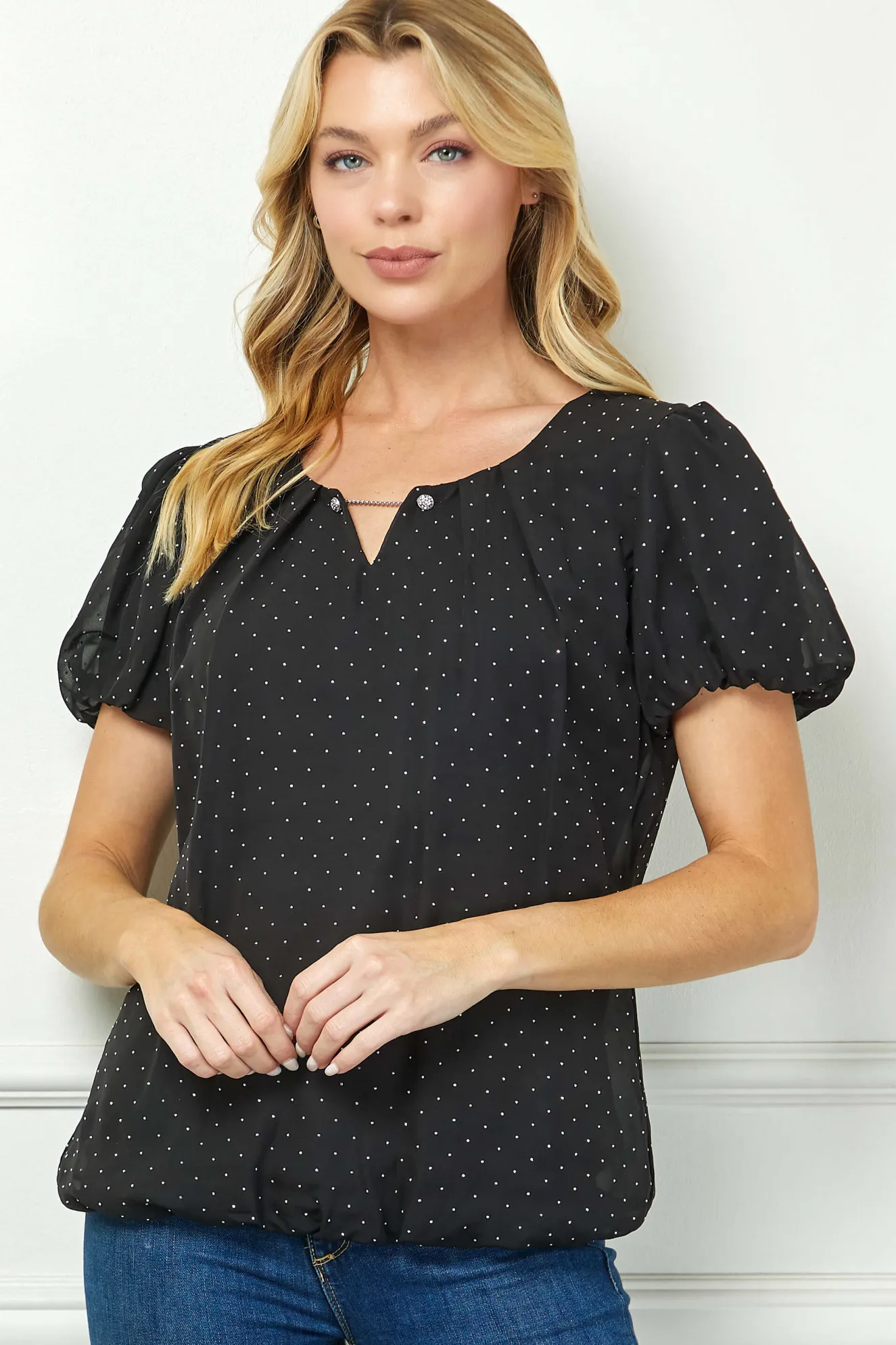 Short Puff Sleeve Cutout Neck Bubble Blouse in Black