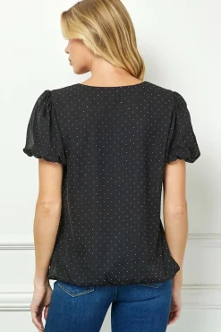Short Puff Sleeve Cutout Neck Bubble Blouse in Black