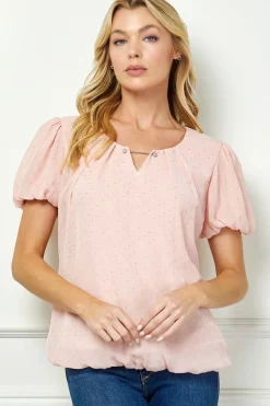 Short Puff Sleeve Cutout Neck Bubble Blouse in Peach