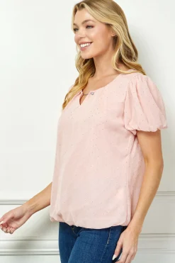 Short Puff Sleeve Cutout Neck Bubble Blouse in Peach