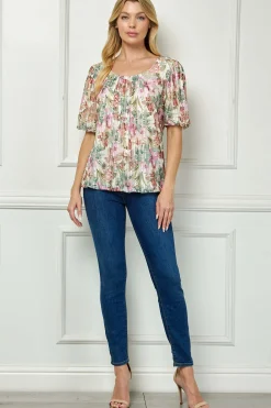 Short Puff Sleeve Pleat Scoop Neck Lined Bubble Blouse in Ivory/Olive/Rust