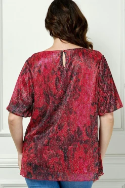Short Puff Sleeve Scoop Neck Keyhole Back Blouse in Burgundy - Plus