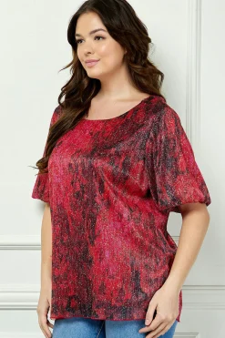 Short Puff Sleeve Scoop Neck Keyhole Back Blouse in Burgundy - Plus