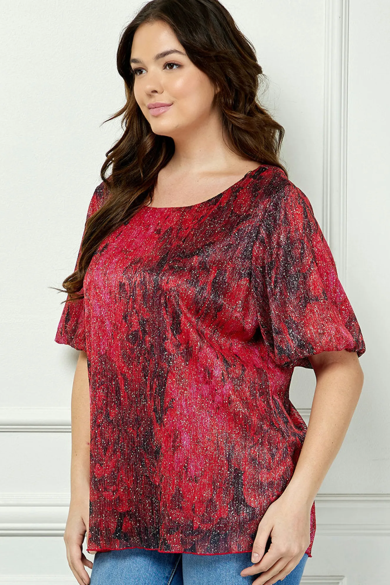 Short Puff Sleeve Scoop Neck Keyhole Back Blouse in Burgundy - Plus