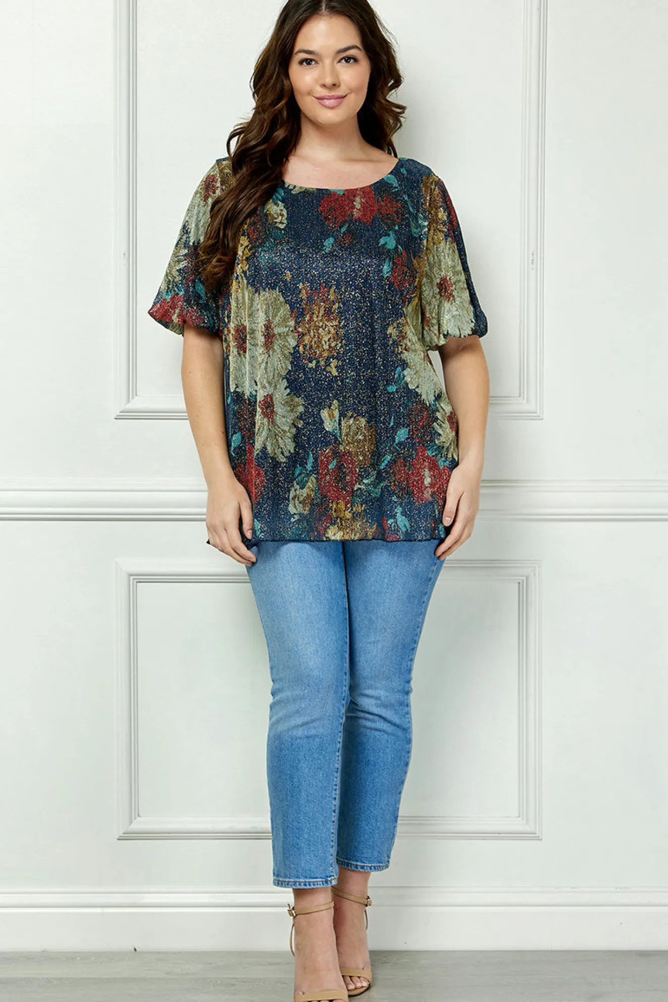 Short Puff Sleeve Scoop Neck Keyhole Back Blouse in Teal - Plus