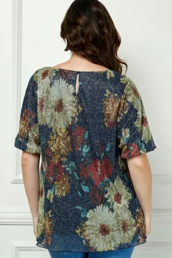 Short Puff Sleeve Scoop Neck Keyhole Back Blouse in Teal - Plus