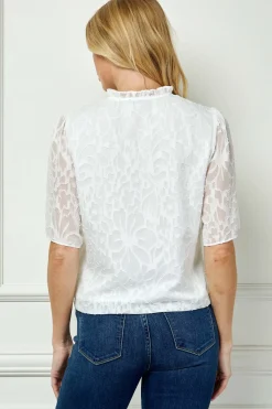 Short Sleeve Ruffle V-Neck Tie Front Blouse in Ivory