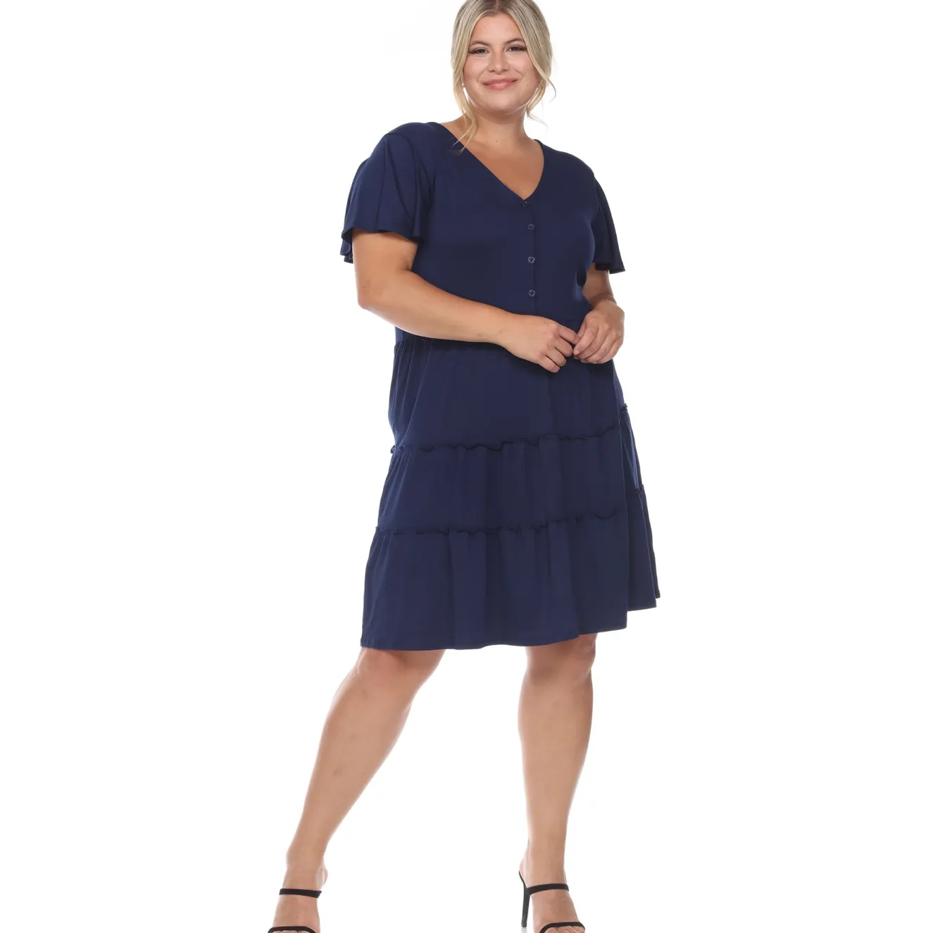 Short Sleeve V-neck Tiered Midi Dress - Plus