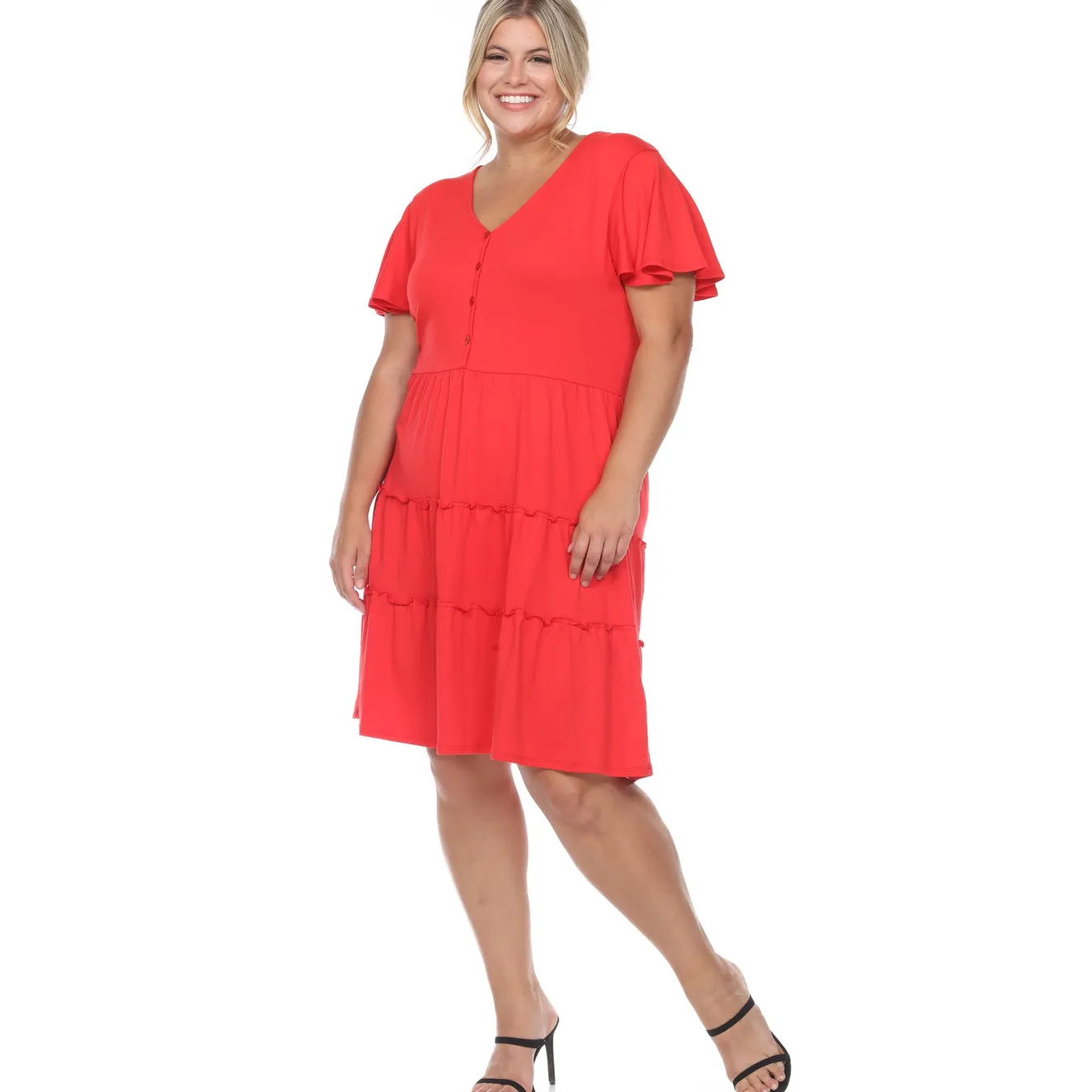 Short Sleeve V-neck Tiered Midi Dress - Plus
