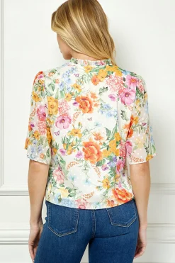 Short Sleeve V-Ruffle Neck Tie Front Blouse in Ivory/Coral/Pink