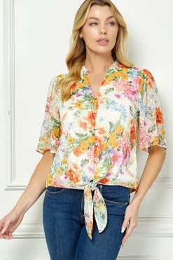 Short Sleeve V-Ruffle Neck Tie Front Blouse in Ivory/Coral/Pink