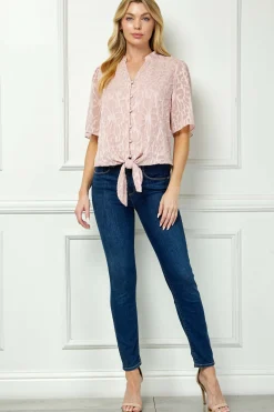 Short Sleeve V-Ruffle Neck Tie Front Blouse in Blush