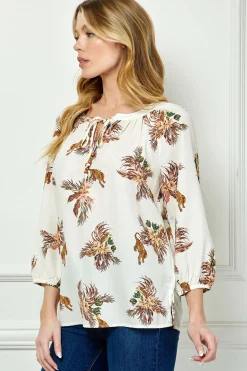 3/4 Sleeve Beaded Tie-Neck Blouse in Cream/Mocha/Coral