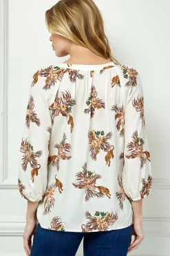 3/4 Sleeve Beaded Tie-Neck Blouse in Cream/Mocha/Coral