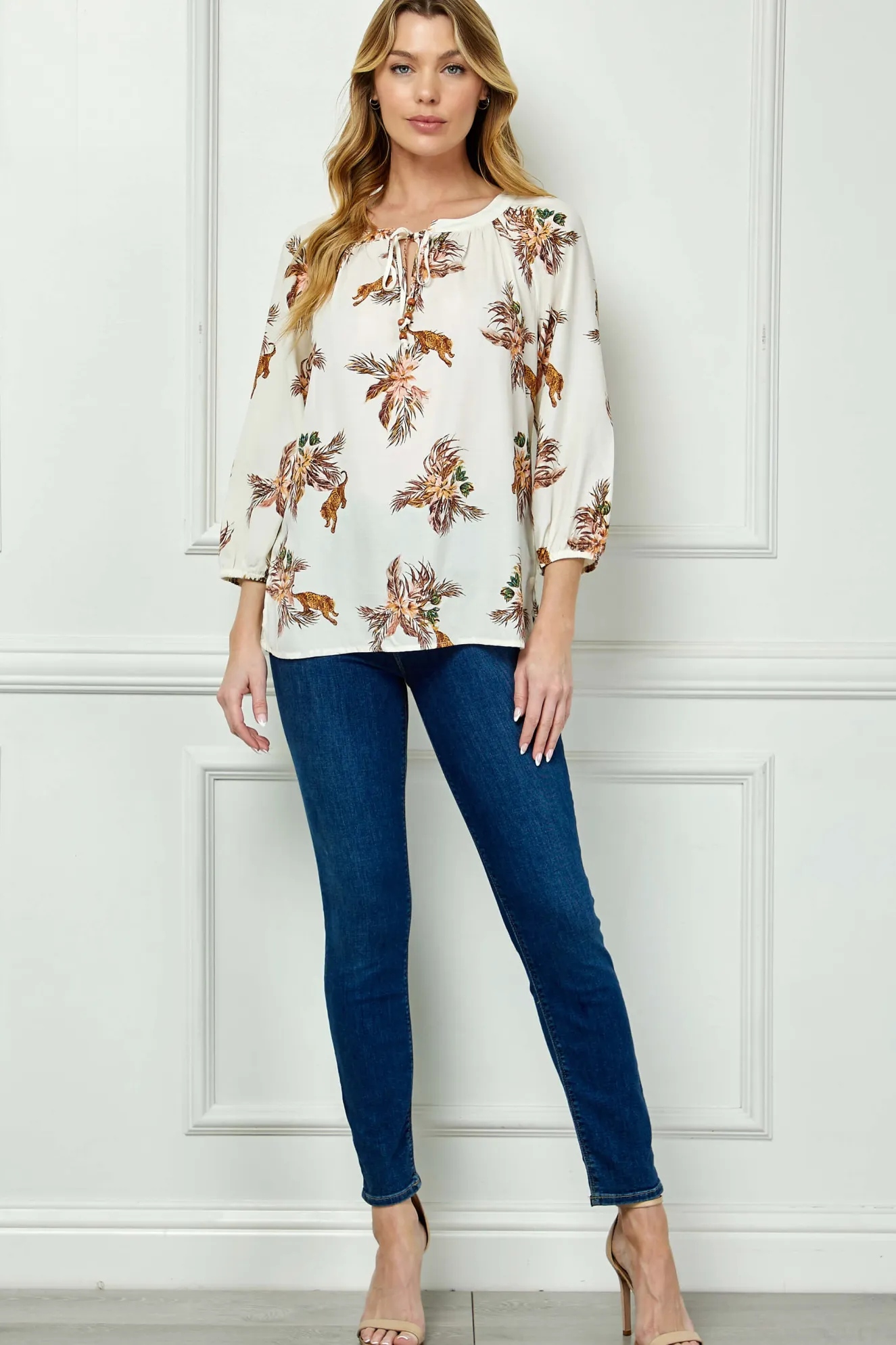 3/4 Sleeve Beaded Tie-Neck Blouse in Cream/Mocha/Coral