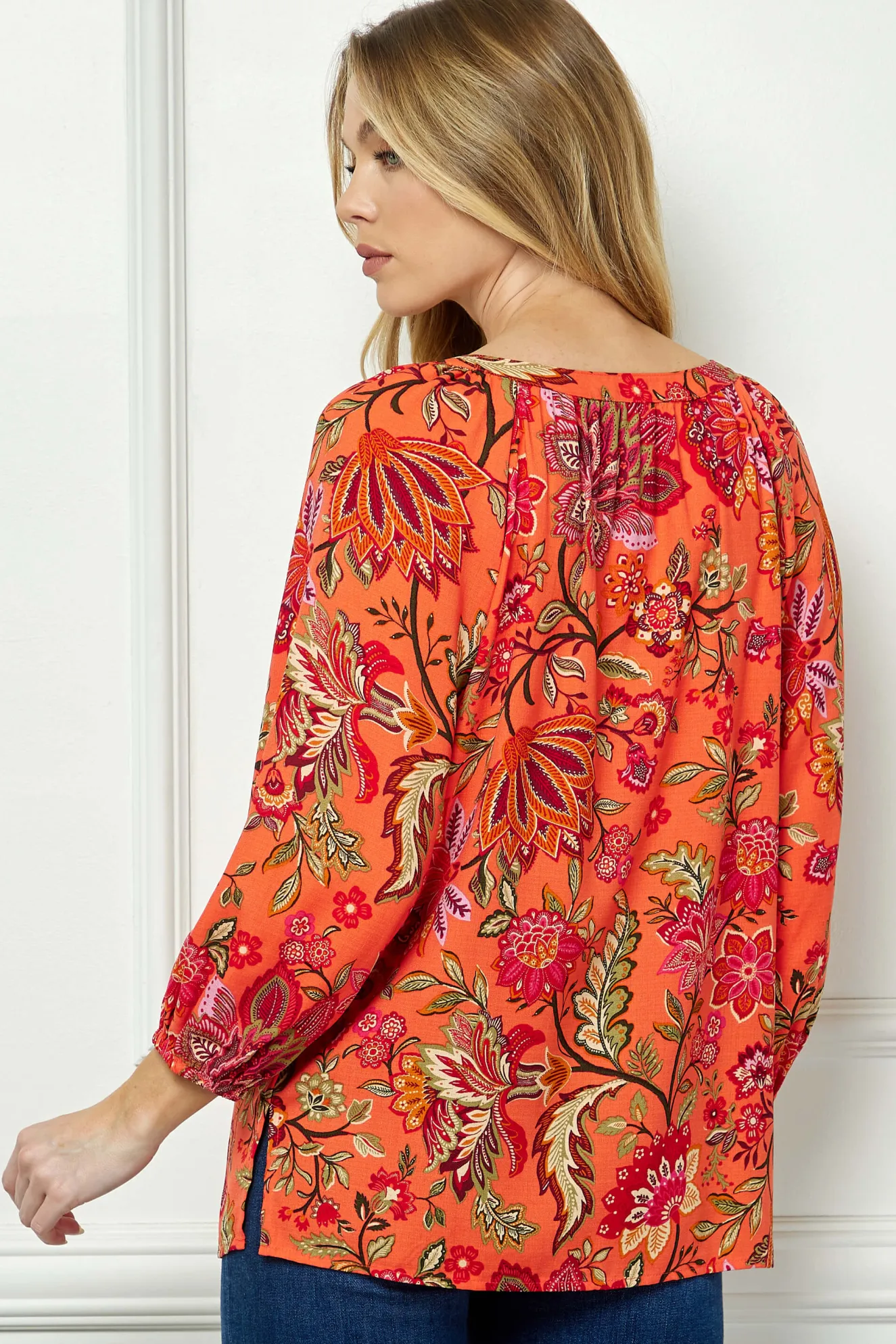 3/4 Sleeve Beaded Tie-Neck Blouse in Orange/Magenta/Olive