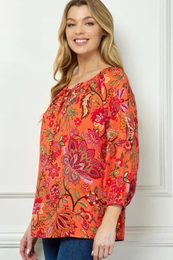 3/4 Sleeve Beaded Tie-Neck Blouse in Orange/Magenta/Olive