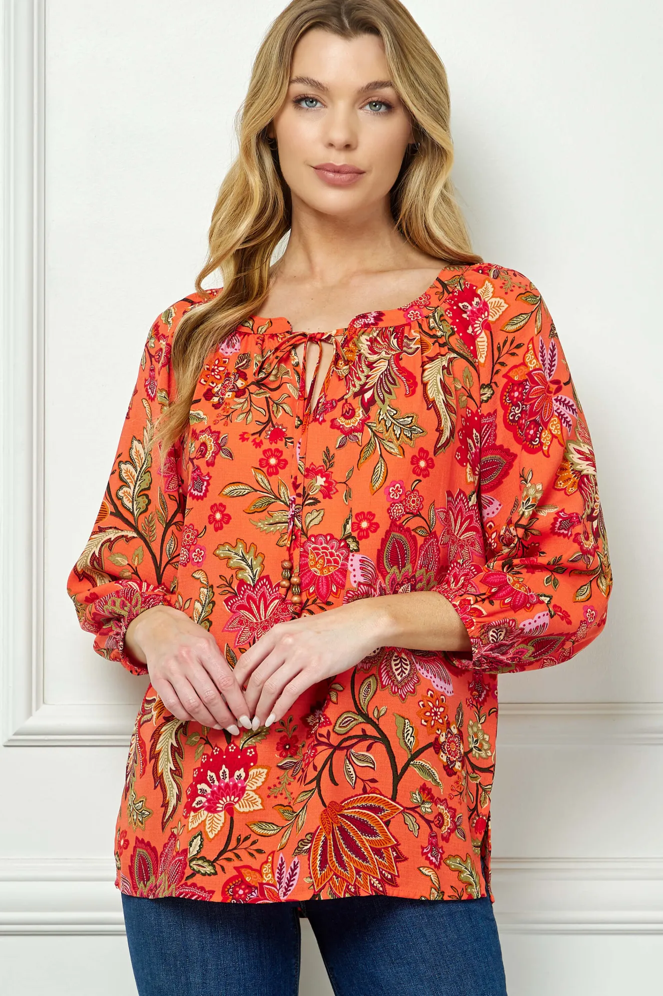 3/4 Sleeve Beaded Tie-Neck Blouse in Orange/Magenta/Olive