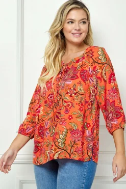 3/4 Sleeve Beaded Tie-Neck Blouse in Orange/Magenta/Olive - Plus