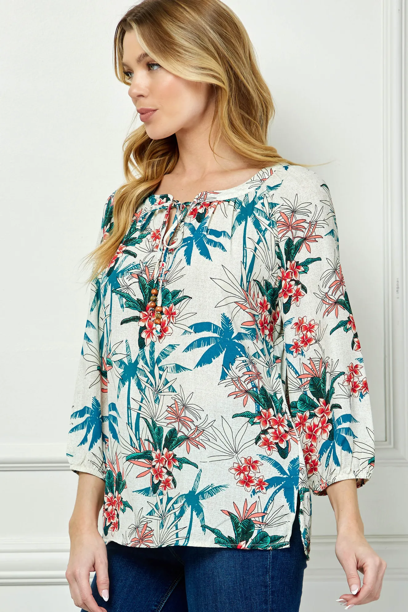 3/4 Sleeve Beaded Tie-Neck Blouse in Tan/Teal/Rust