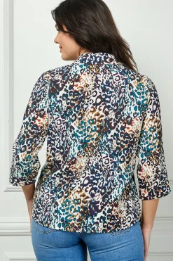 3/4 Sleeve Button-Front Blouse in Ivory/Brown/Teal - Plus