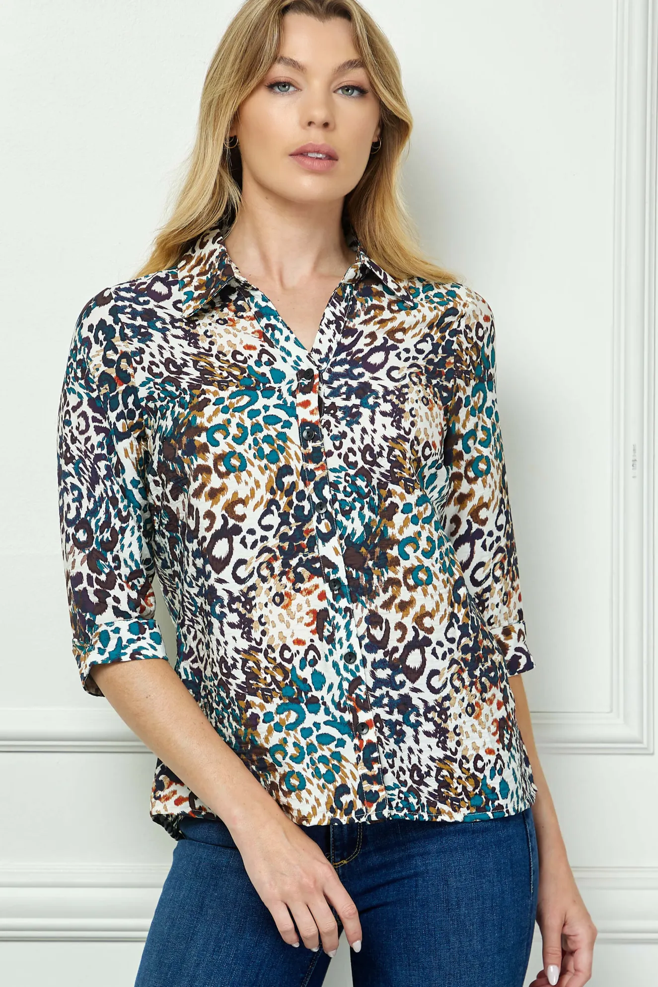 3/4 Sleeve Button-Front Blouse in Ivory/Brown/Teal