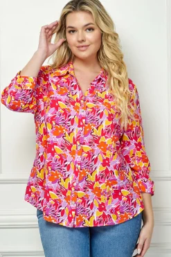 3/4 Sleeve Johnny Collar Button Front Top in Pink - Plus