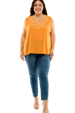 Sleeveless Embroidered Yoke Split Neck Blouse in Orange - Plus