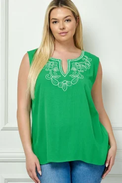 Sleeveless Embroidered Yoke Split Neck Blouse in Kelly Green - Plus