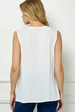 Sleeveless Embroidered Yoke Split Neck Blouse in White
