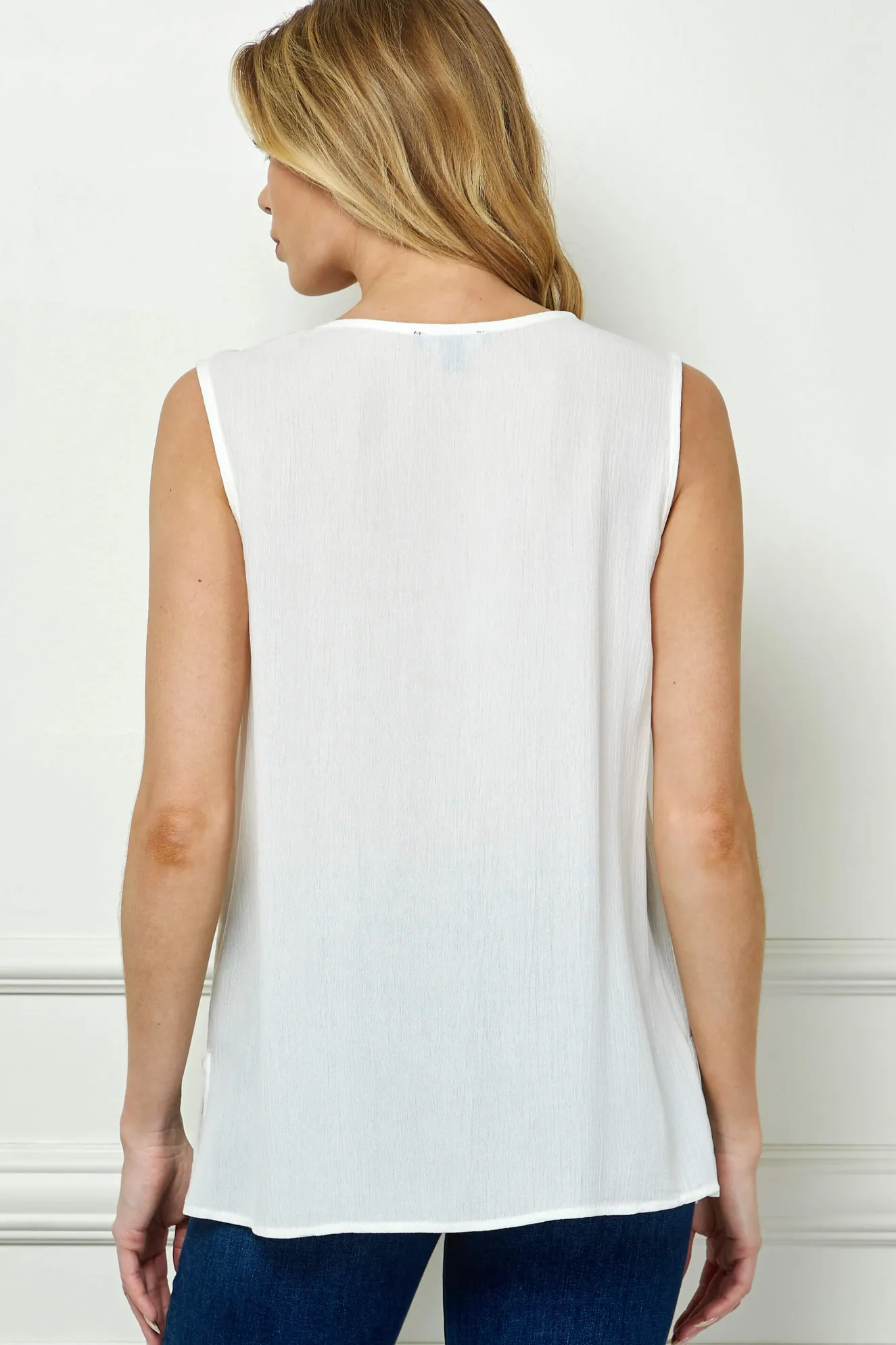 Sleeveless Embroidered Yoke Split Neck Blouse in White