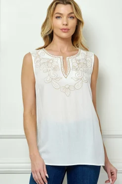 Sleeveless Embroidered Yoke Split Neck Blouse in White
