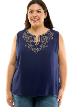Sleeveless Embroidered Yoke Split Neck Blouse in Navy - Plus