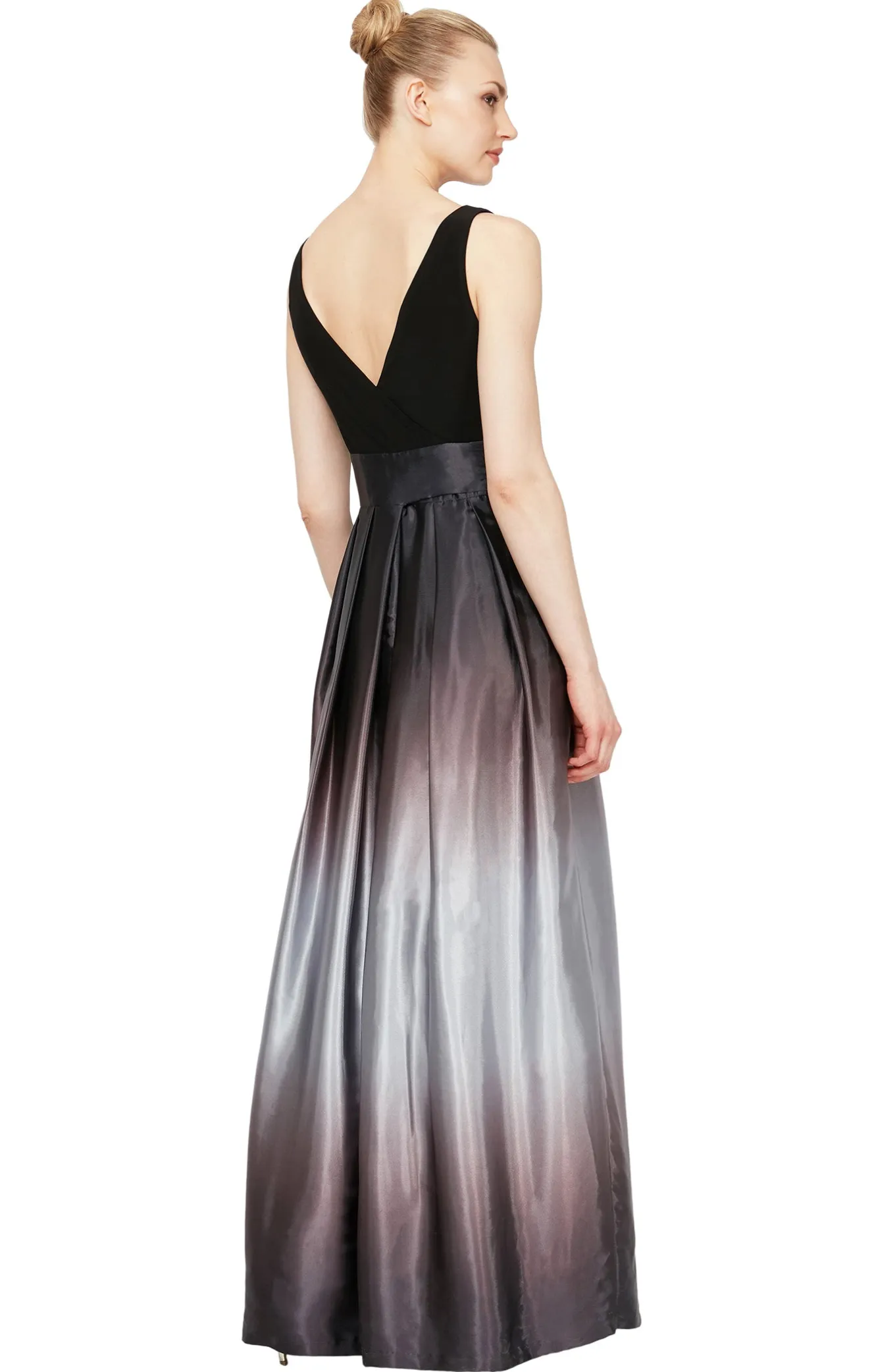 Sleeveless Gown with Satin Ombre Skirt & Tie Belt - Black Silver - Petite