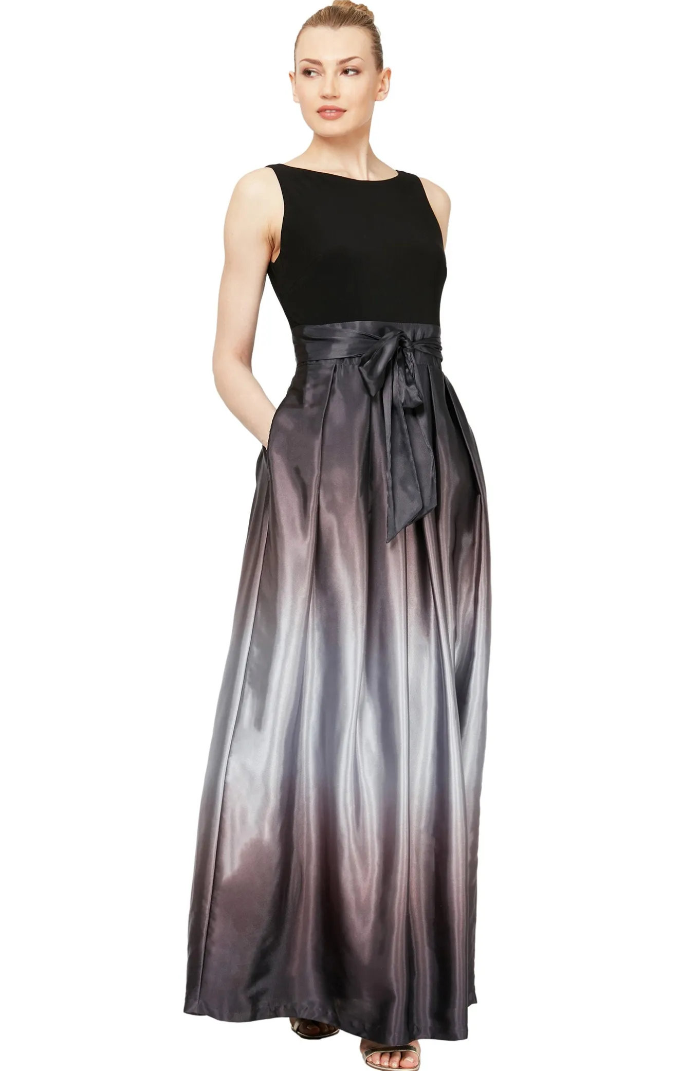 Sleeveless Gown with Satin Ombre Skirt & Tie Belt - Black Silver - Petite