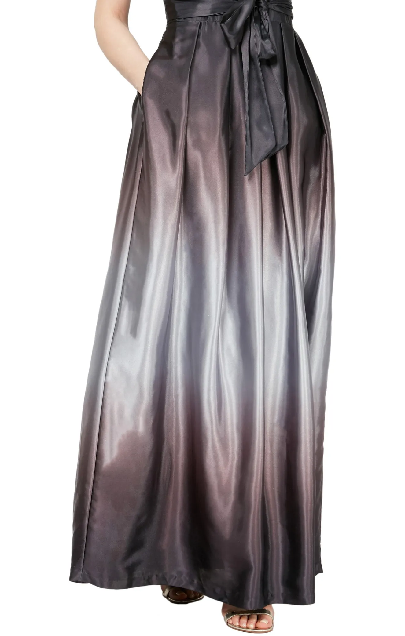 Sleeveless Gown with Satin Ombre Skirt & Tie Belt - Black Silver