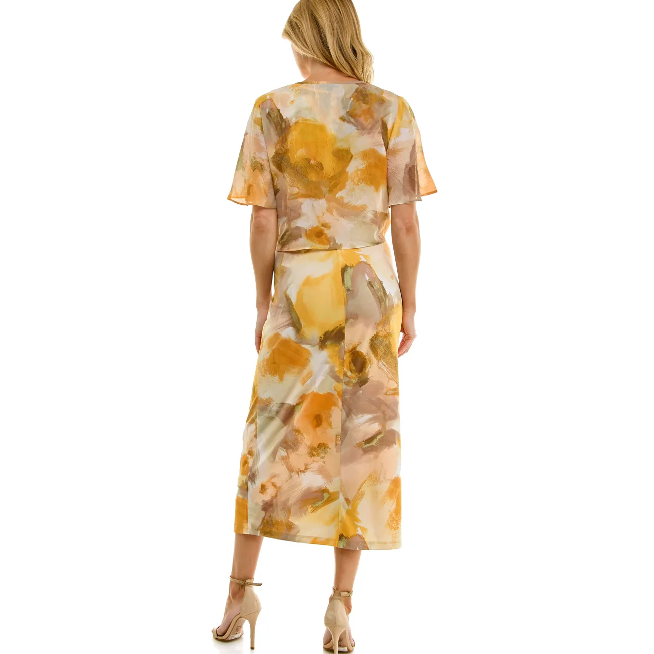 Sleeveless Maxi Dress With Separate Front Tie Shrug In Sage/Yellow/Taupe