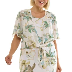Sleeveless Maxi Dress With Separate Front Tie Shrug In Cream/Green/Taupe - Plus